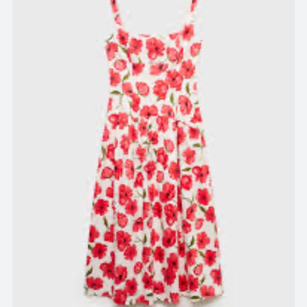 MANGO Poppy Floral Midi Dress Size 8 Red White Cotton Smocked Summer Sun Dress